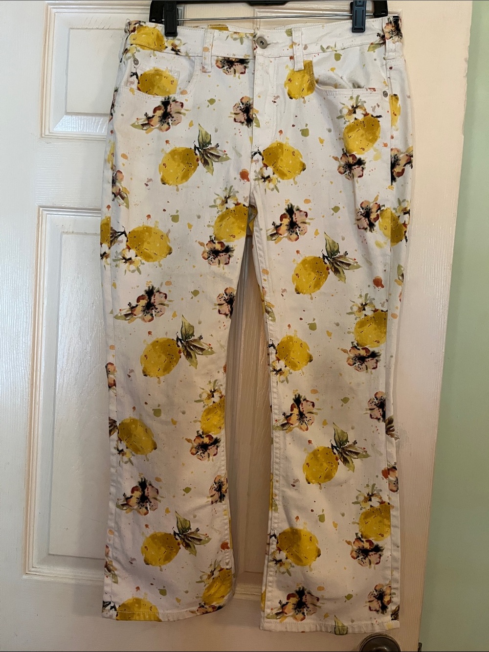 Anthropologie White Pants with Yellow Lemon & Green Leaf Print
